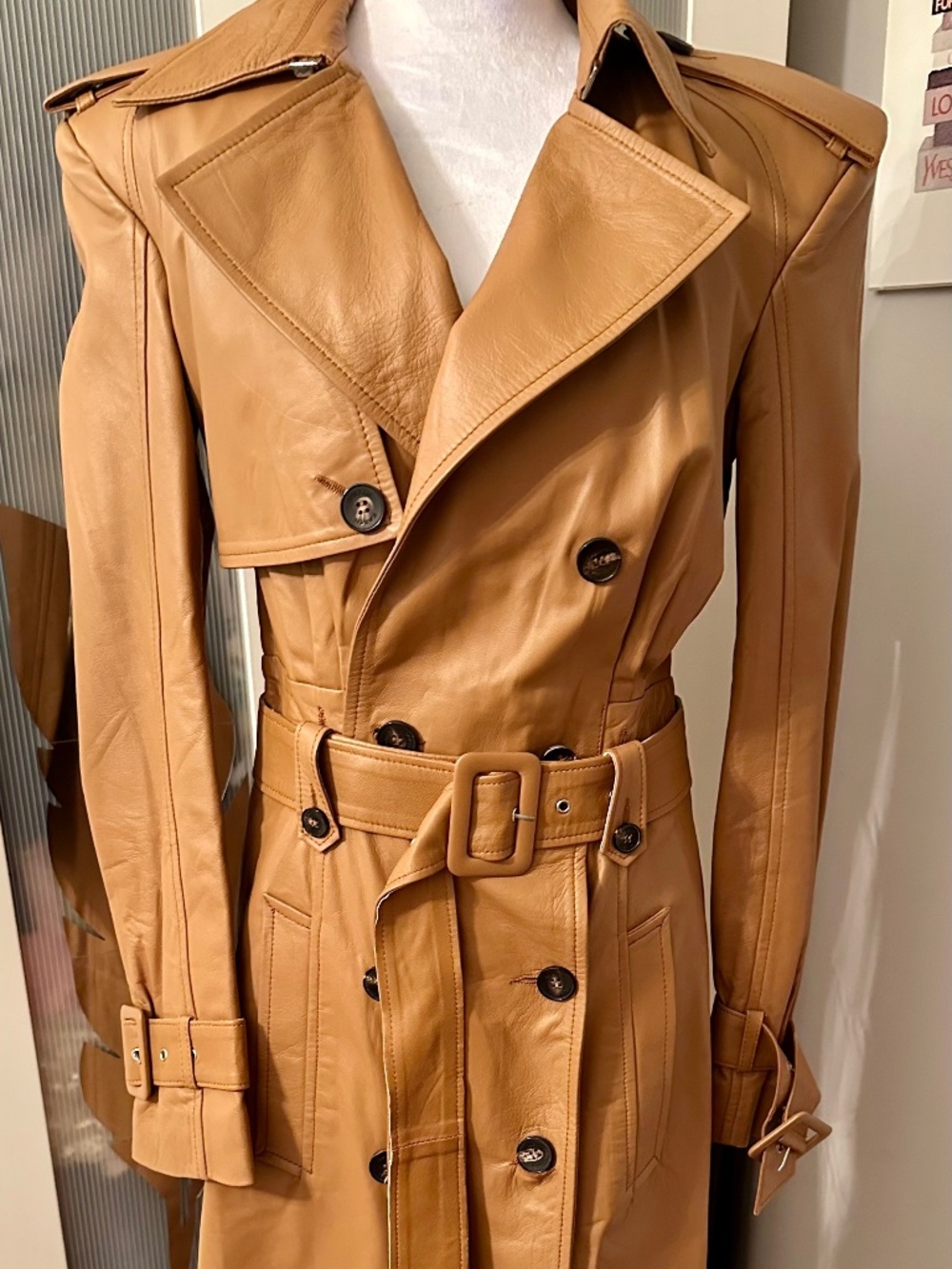 Karen Millen Tan leather trench coat with belt convertible into leather jacket a